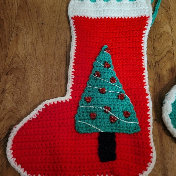 Vintage Crochet Christmas Stockings Snowman Christmas Tree Red Green - Picture 3 of 3